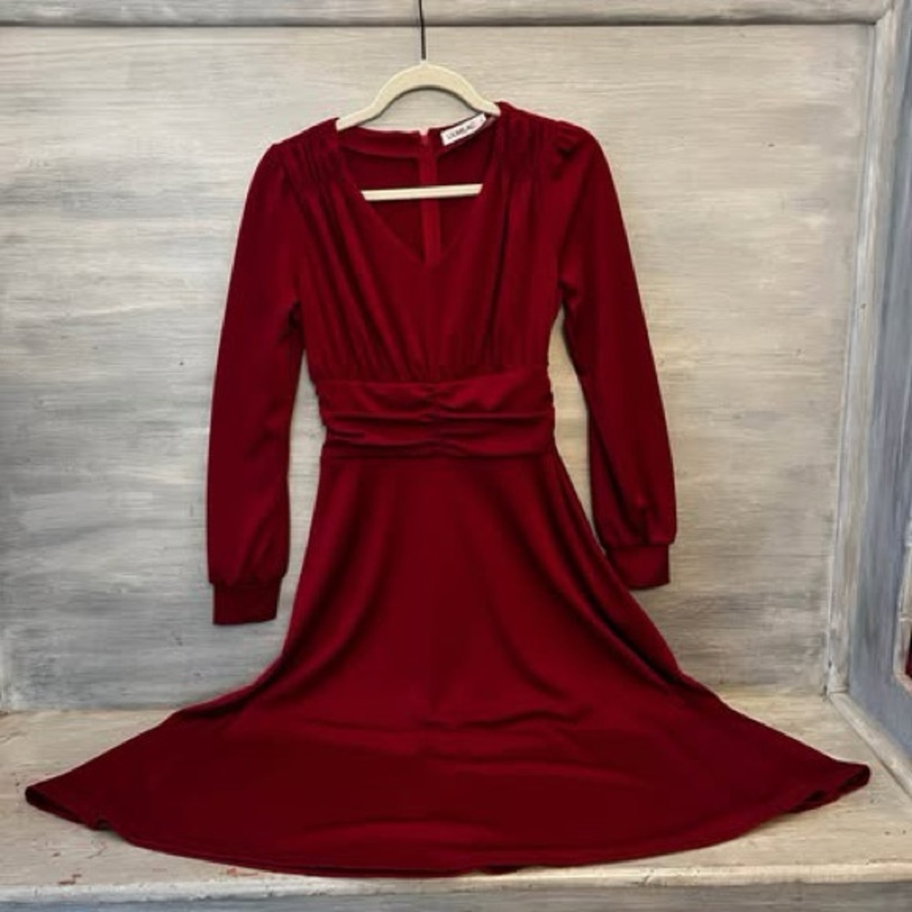 LIUMILAC Red V Neck Fit and Flare Dress Small Like New